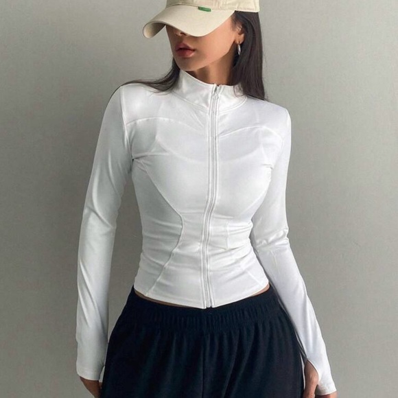 White Elastic Mock Neck Fitted Long Sleeve Zip Up Jacket Women’s - Picture 3 of 8